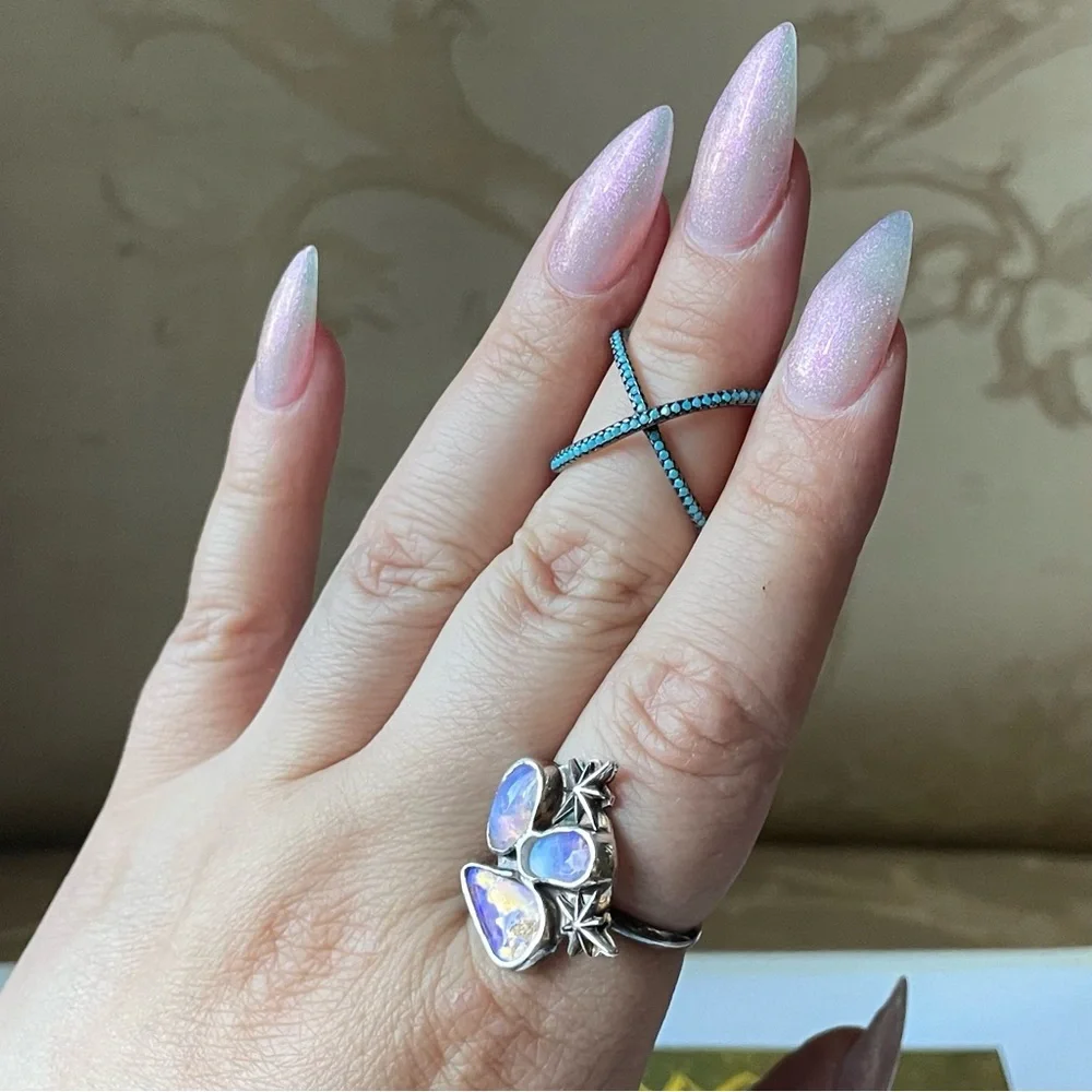 Crossed Sterling Silver Ring with Faceted Blue Crystals gunmetal 925 - Picture 3 of 7